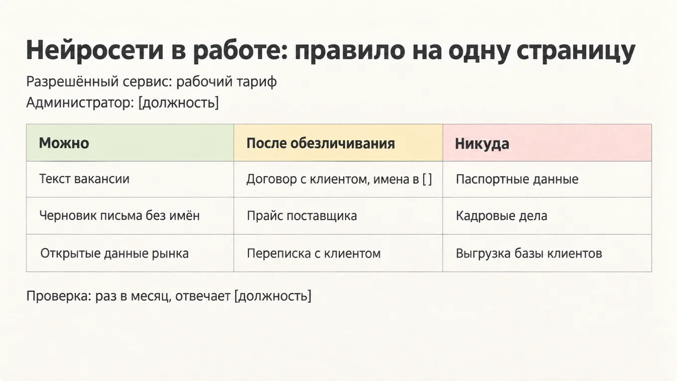 Правило работы с нейросетями на одной странице с тремя корзинами данных
