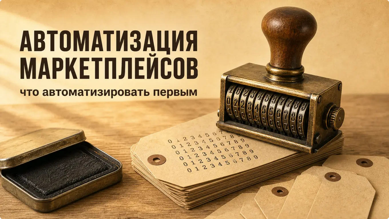 Латунный ручной нумератор на дубовом столе, рядом стопка отпечатанных бумажных ярлыков и россыпь пустых