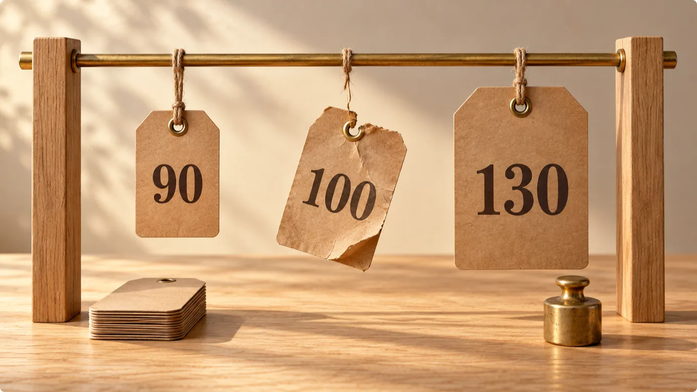 Три бумажных ценника с цифрами 90, 100 и 130 висят на латунной перекладине, средний надорван и держится на одной нитке.