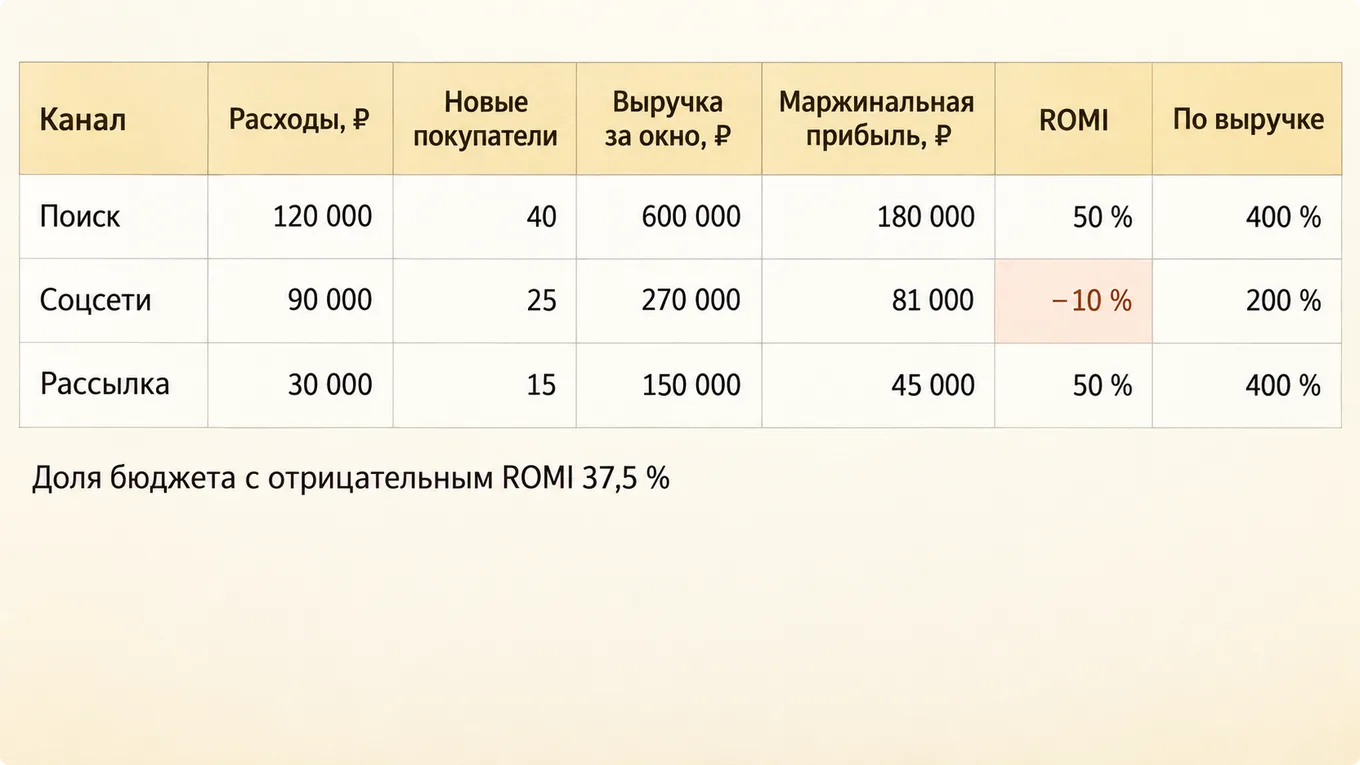 Таблица итога с ROMI и окупаемостью по выручке для трёх каналов
