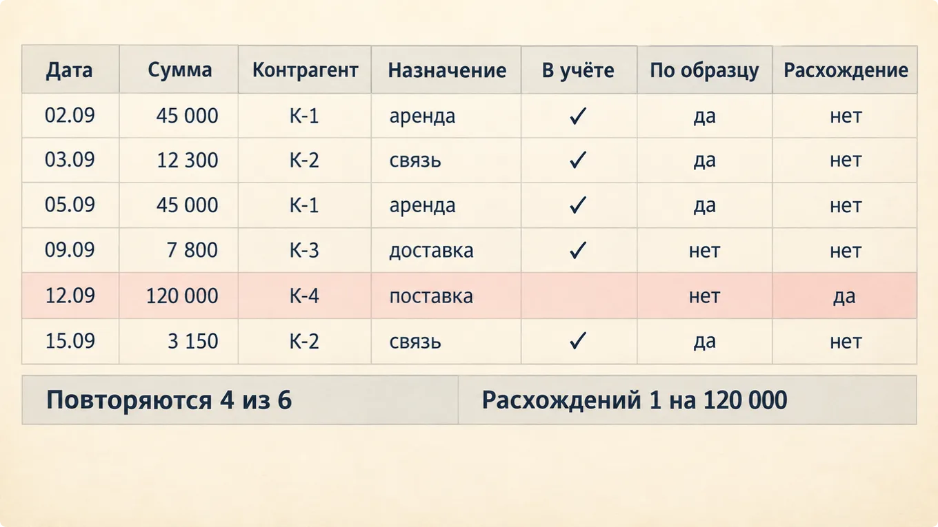 Схема таблицы операций выписки с отметками об учёте, образце и расхождении