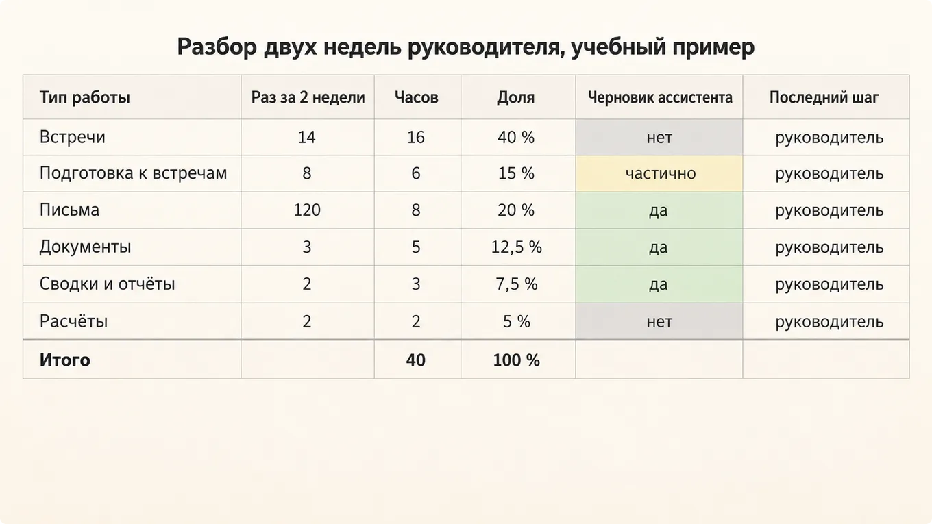 Схема итоговой таблицы разбора двух недель руководителя