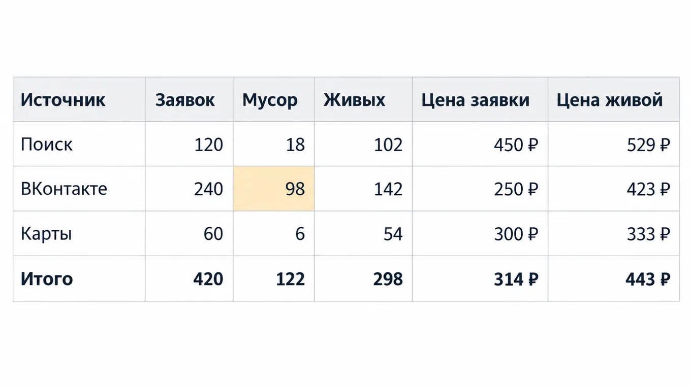 Таблица разбора заявок по источникам