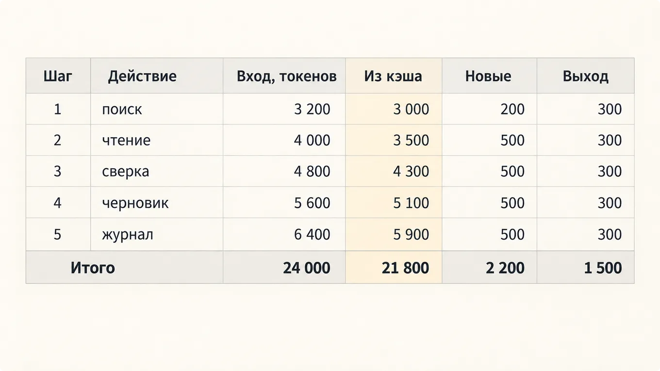 Журнал шагов агента с токенами на учебном примере