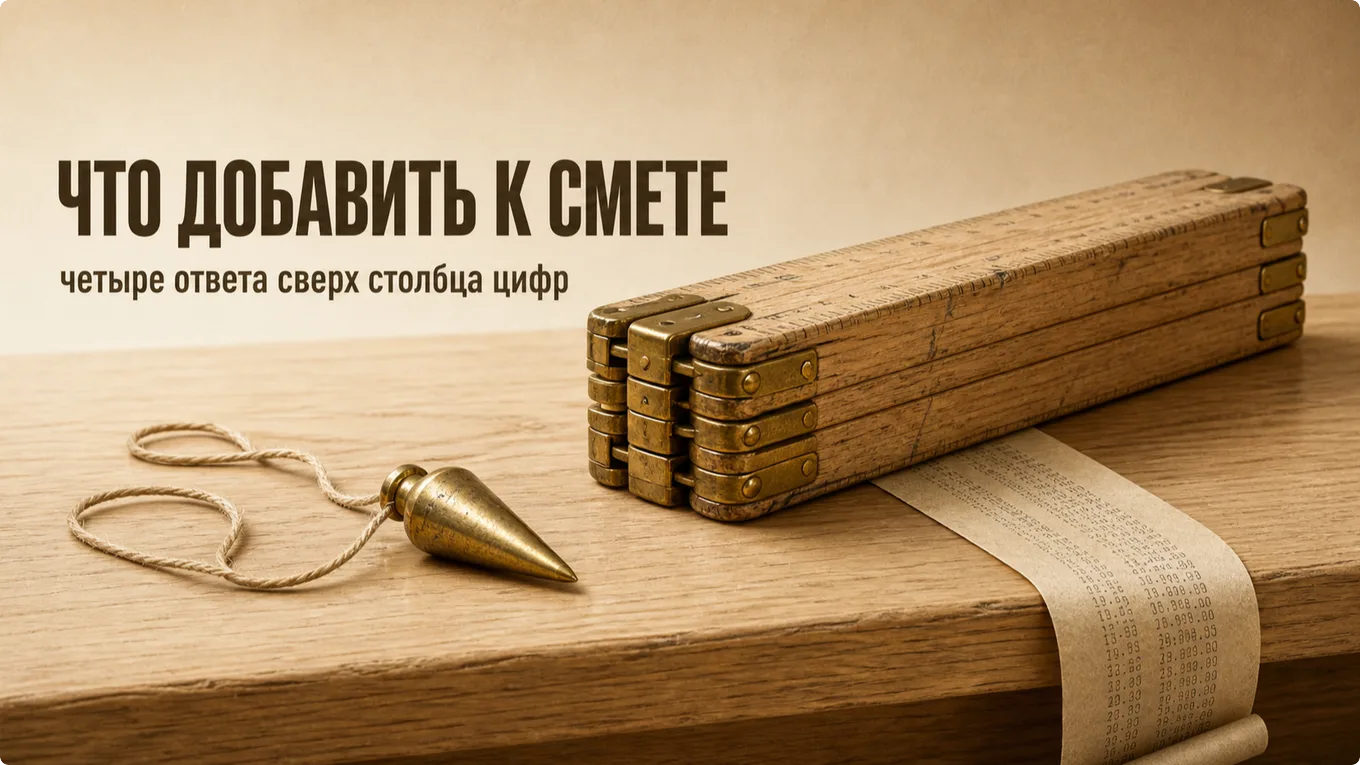 Складной плотницкий метр из бука с латунными шарнирами и длинная бумажная лента со столбцом цифр на дубовой столешнице.