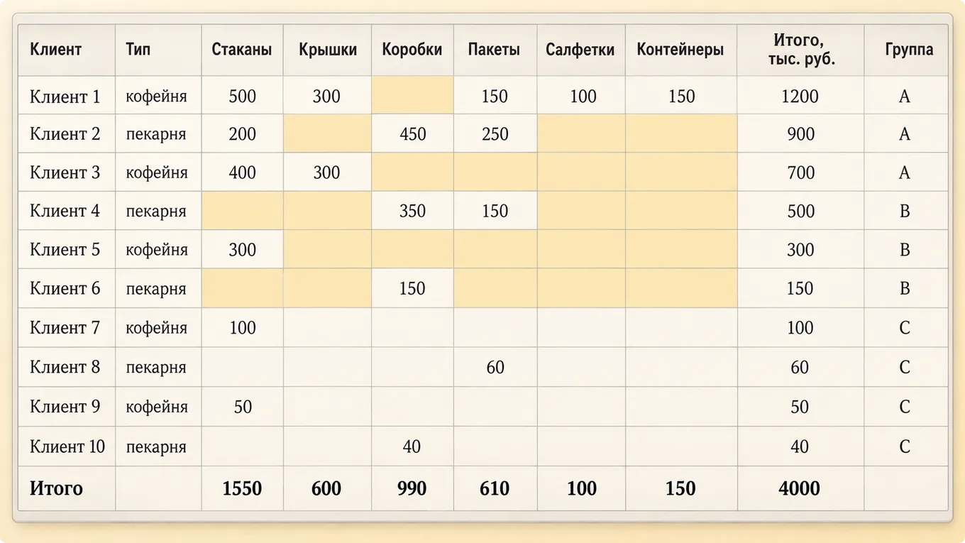 Лист таблицы: десять клиентов в строках, шесть товарных групп в столбцах, пустые клетки клиентов групп A и B подсвечены