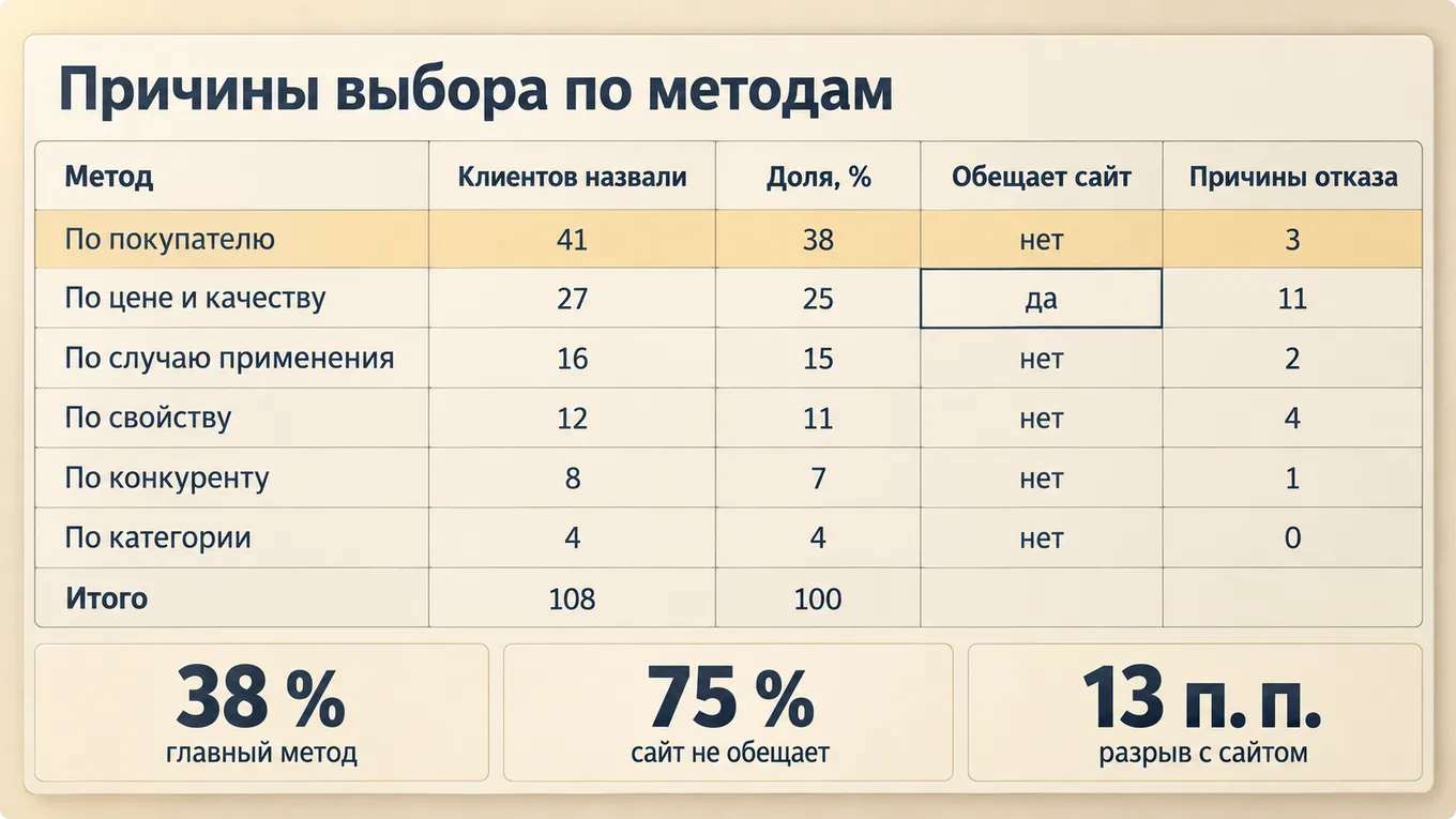 Таблица причин выбора, разложенных по методам позиционирования