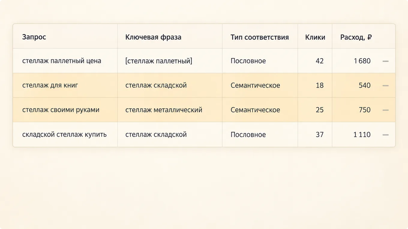 Схема отчёта о поисковых запросах с колонками запроса, ключевой фразы, типа соответствия, кликов и расхода