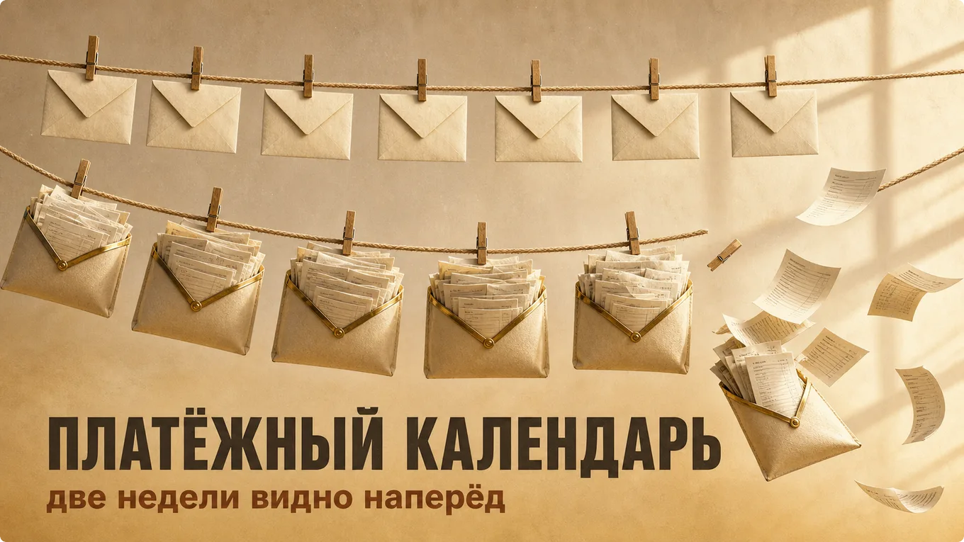 Два ряда конвертов на бечёвках, нижний провисает под тяжестью бумаг
