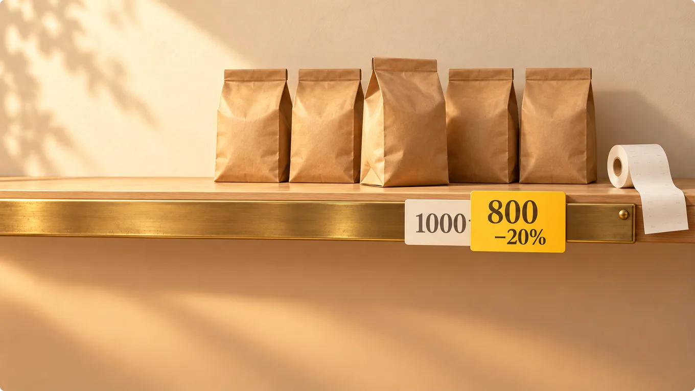 Край магазинной полки с жёлтым ценником 800 поверх белого 1000 и рядом пачек кофе без надписей