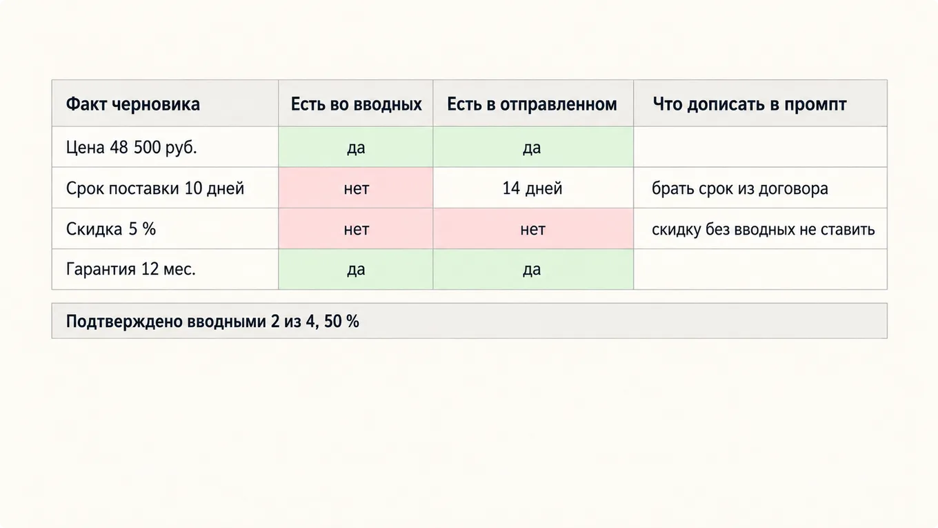 Схема таблицы сверки фактов черновика с вводными и отправленным документом