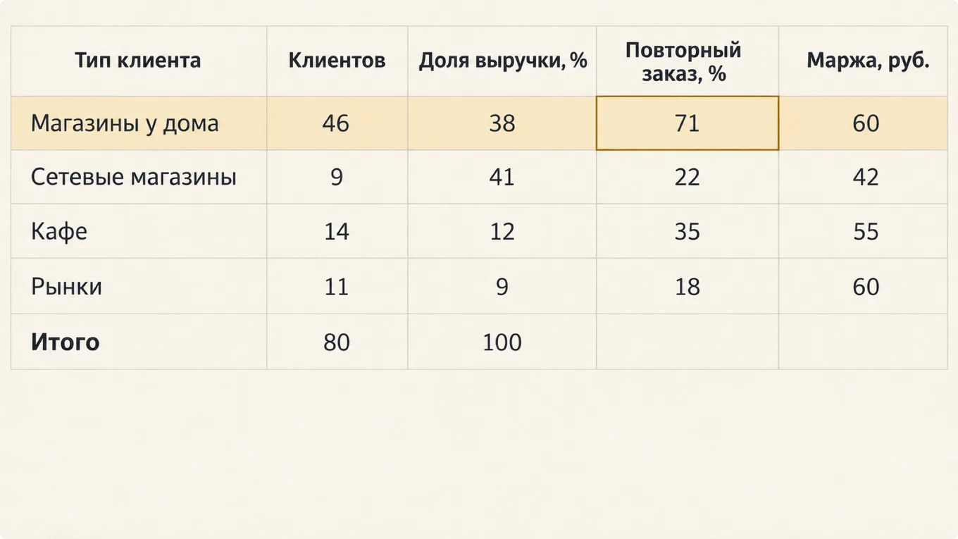 Таблица отгрузок за год по типам клиентов с выделенной строкой магазинов у дома