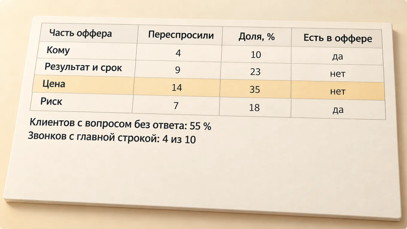 Таблица четырёх частей оффера с долями клиентов, переспросивших о каждой