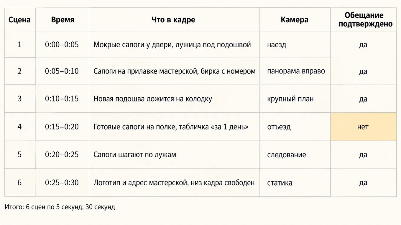 Раскадровка рекламного ролика мастерской обуви на шесть сцен по пять секунд
