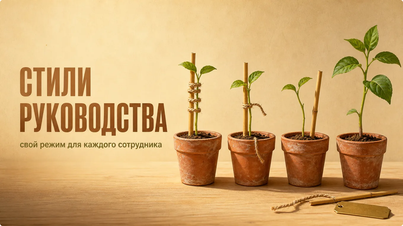 Четыре терракотовых горшка с ростками, у которых подвязка к колышку убывает от тугой до снятой