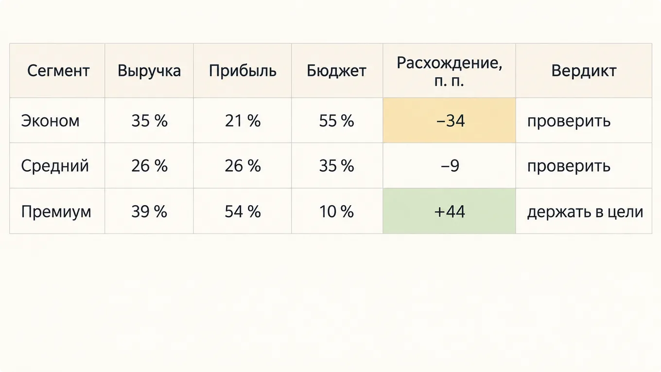 Схема долей выручки, прибыли и бюджета по ценовым поясам