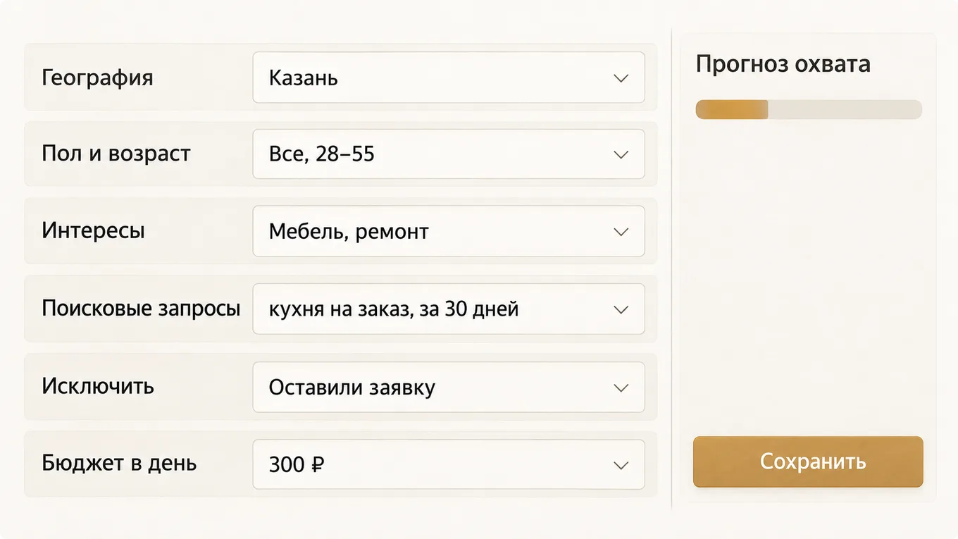Схема настроек группы объявлений: город, возраст, интересы, поисковые запросы, исключения и дневной бюджет