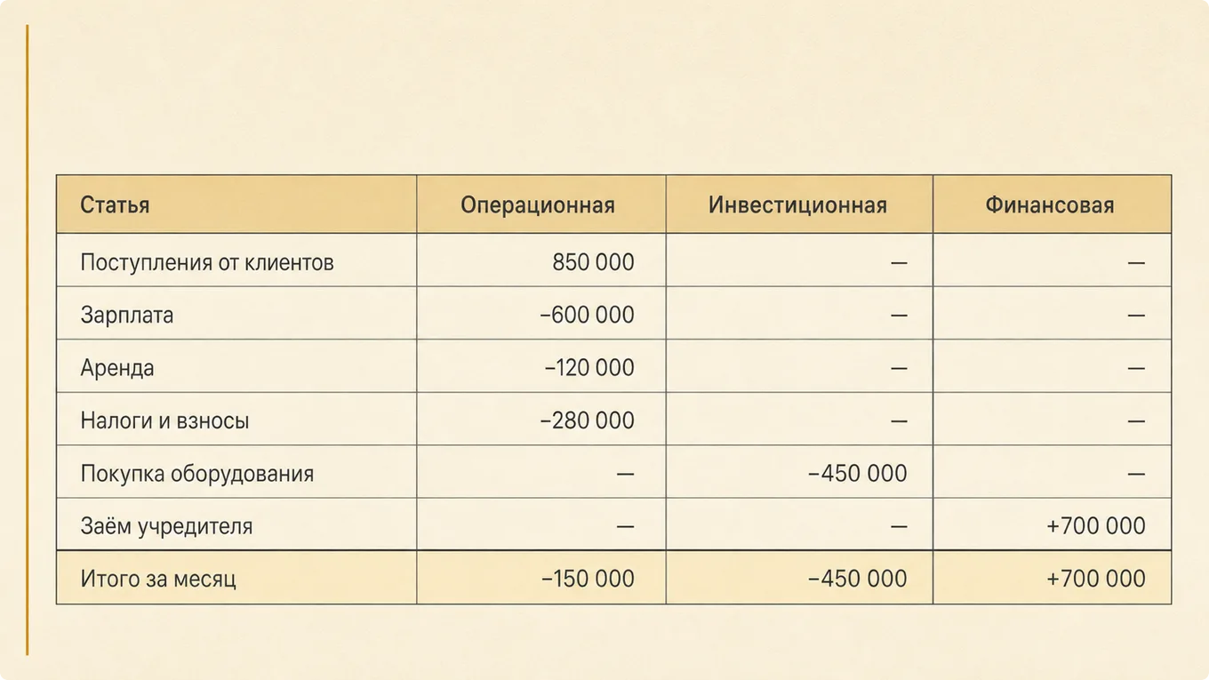 Таблица движения денежных средств с разбивкой по операционной, инвестиционной и финансовой деятельности