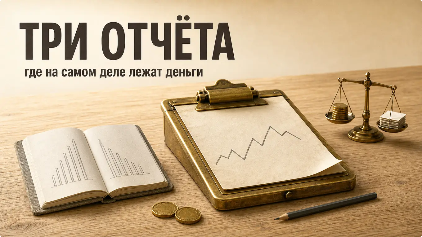 Тетрадь со столбиками, планшет с линией прибыли и латунные весы на столе