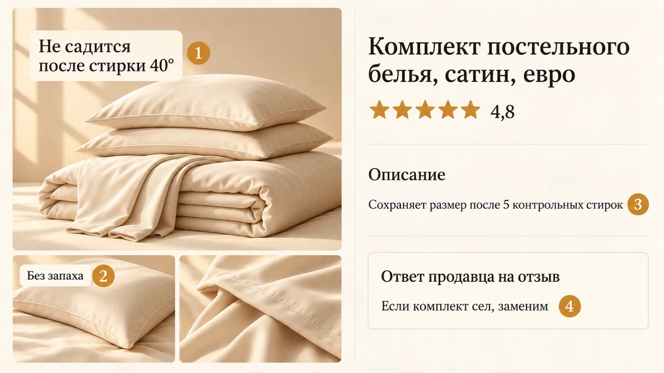 Схема карточки товара с метками четырёх частей обещания