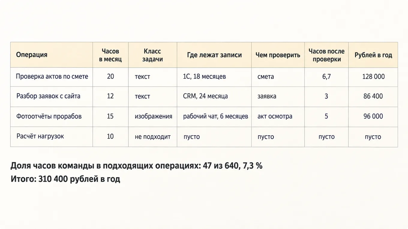Таблица разбора операций строительной компании по классам задач