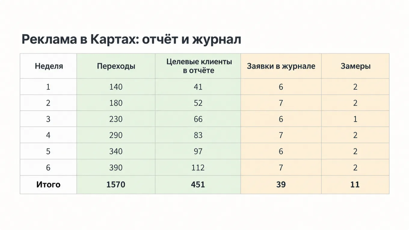 Переходы и целевые клиенты из отчёта рядом с заявками и замерами из журнала