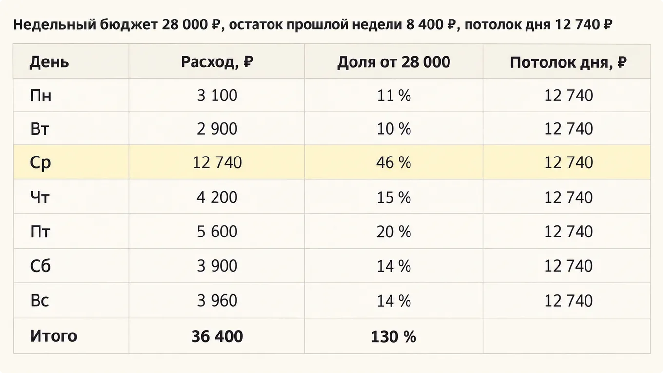Таблица расхода кампании по дням недели при бюджете 28 000 рублей и остатке 8 400