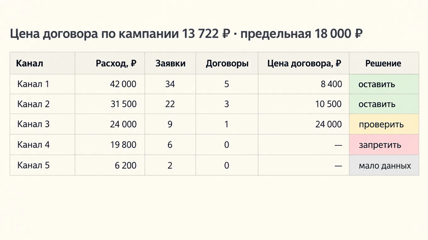 Таблица по пяти каналам с ценой договора и решением по каждому